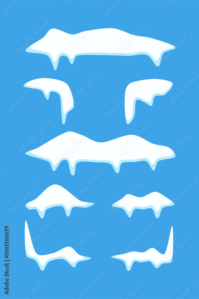 Obraz premium Collection of Cartoon Snow Caps on Blue Background, A set of illustrated snow caps in various shapes on a vivid blue background, perfect for winter and holiday design projects. Ideal for use in season