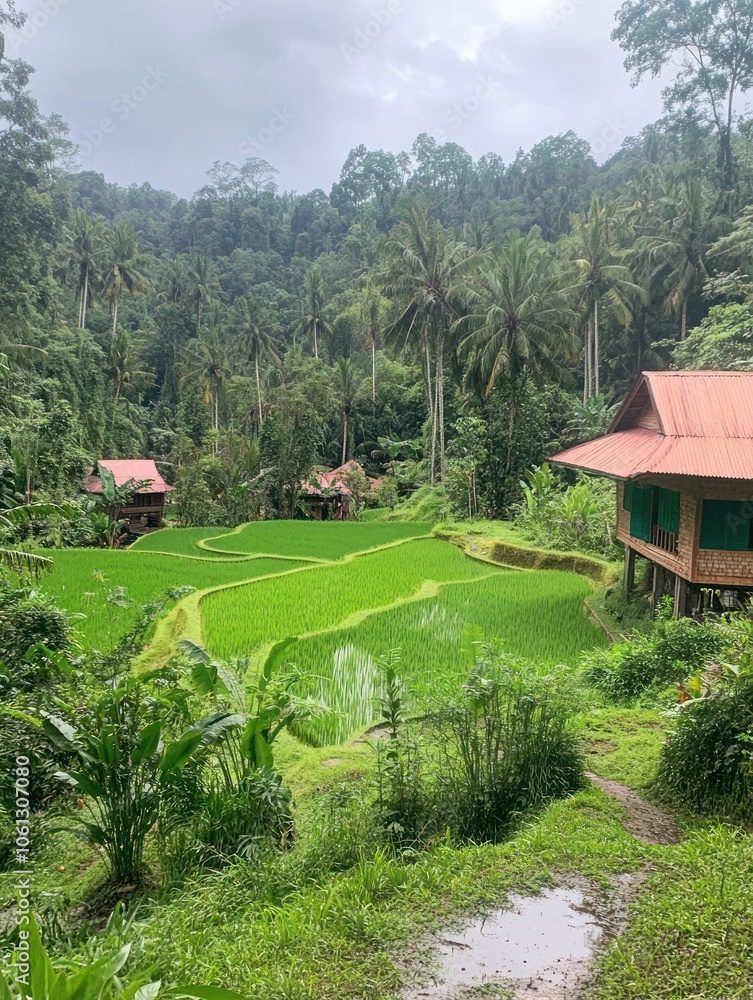 Lush green rice fields surrounded by tropical forest and traditional houses. Lush green rice fields surrounded by tropical forest and traditional houses.