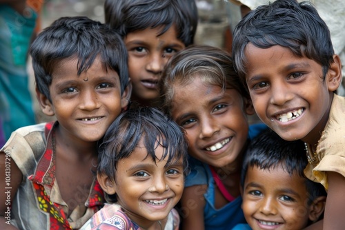 Portrait of a group of indian kids smiling at the camera.