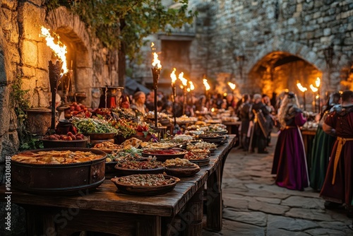 A vibrant medieval feast with tables full of food, illuminated by torches, set in a stone courtyard surrounded by people in period attire. photo