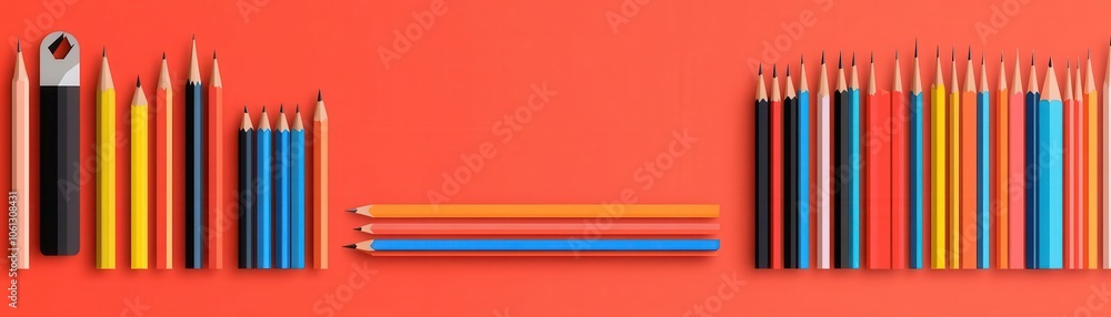 A vibrant arrangement of colored pencils and a sharpener on a bright orange background, showcasing creativity and artistic tools. A vibrant arrangement of colored pencils and a sharpener on a bright orange background, showcasing creativity and artistic tools.