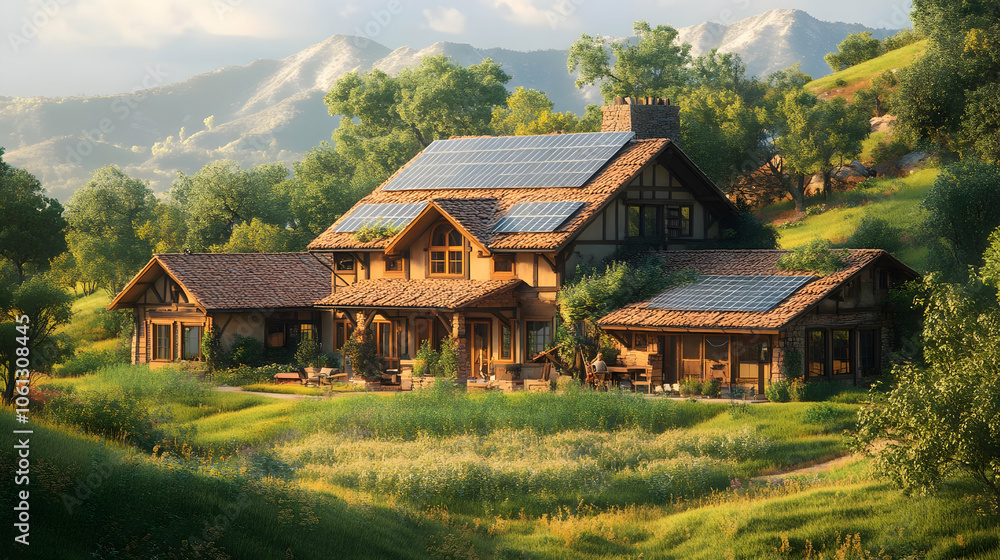 Rustic House with Solar Panels in a Mountain Landscape - 3D Illustration Rustic House with Solar Panels in a Mountain Landscape - 3D Illustration