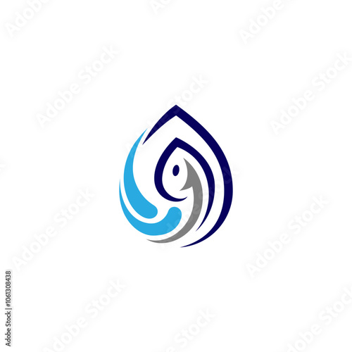 Fish and hook logo in water drop frame