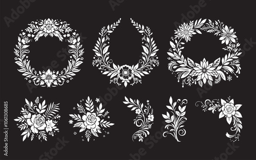collection of black and white flat art flower vectors for wedding decorations