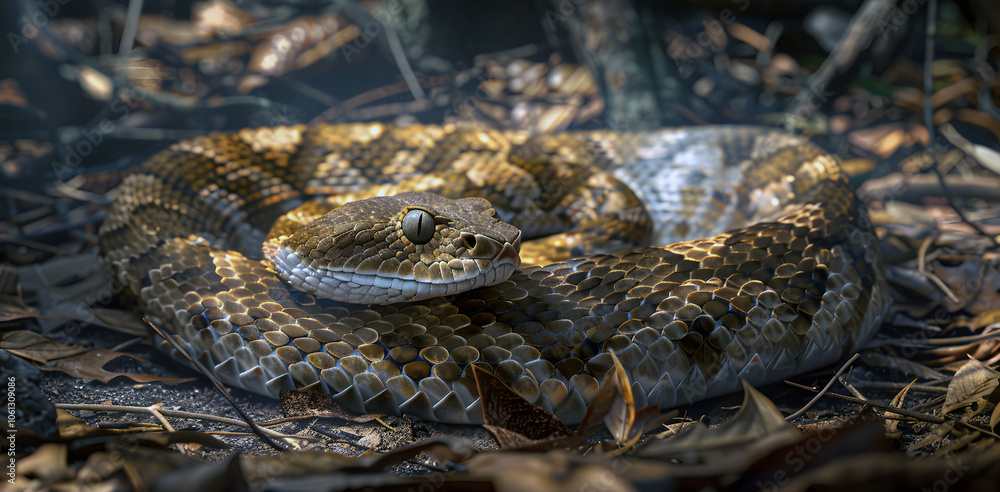Russell's viper snake concealed in dried leaves and underbrush in its natural habitat Russell's viper snake concealed in dried leaves and underbrush in its natural habitat