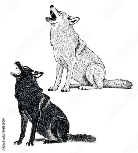 Black and white vector illustration coyote howling