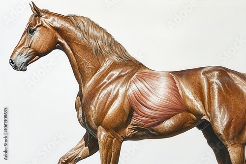 A muscular horse depicted in a dynamic pose, showcasing its strong physique and intricate anatomical details. photo