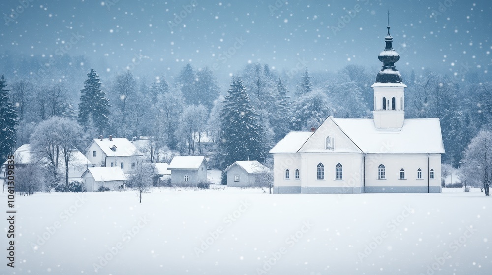 custom made wallpaper toronto digitalA serene winter village scene featuring a charming church surrounded by snow-covered landscapes and falling snowflakes.