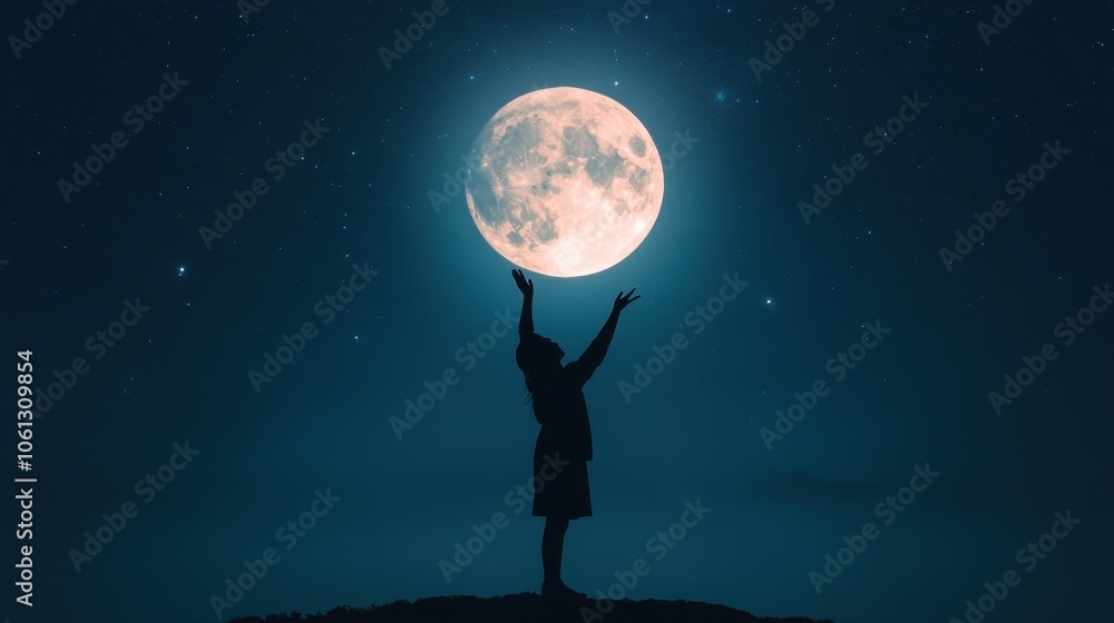 A silhouette of a person reaches out to the glowing full moon, surrounded by a starry night sky, depicting dreams and aspirations. A silhouette of a person reaches out to the glowing full moon, surrounded by a starry night sky, depicting dreams and aspirations.