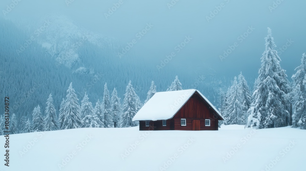 A serene winter landscape featuring a red cabin surrounded by snow-covered trees under a cloudy sky. A serene winter landscape featuring a red cabin surrounded by snow-covered trees under a cloudy sky.