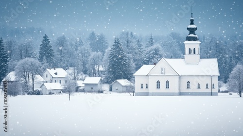 Wallpaper Mural A serene winter village scene featuring a charming church surrounded by snow-covered landscapes and falling snowflakes. Torontodigital.ca