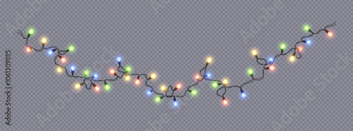 Multicolor Christmas lights garland realistic vector icon. Neon illumination with fairy-light frame 3d object illustration on transparent background