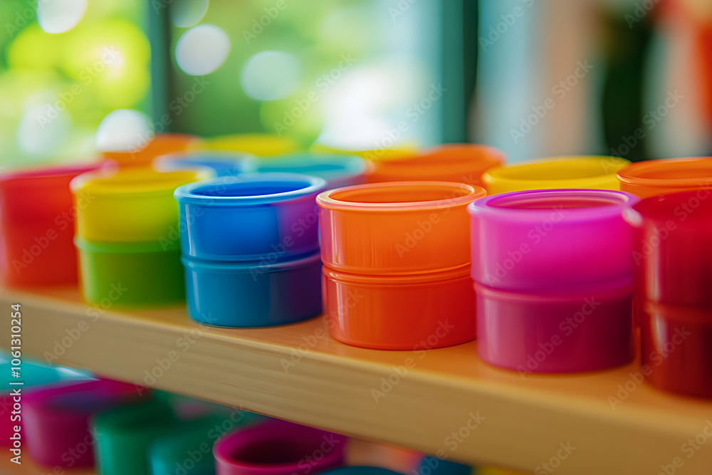 Rainbow stacking toy on shelf in vibrant preschool classroom setting Rainbow stacking toy on shelf in vibrant preschool classroom setting