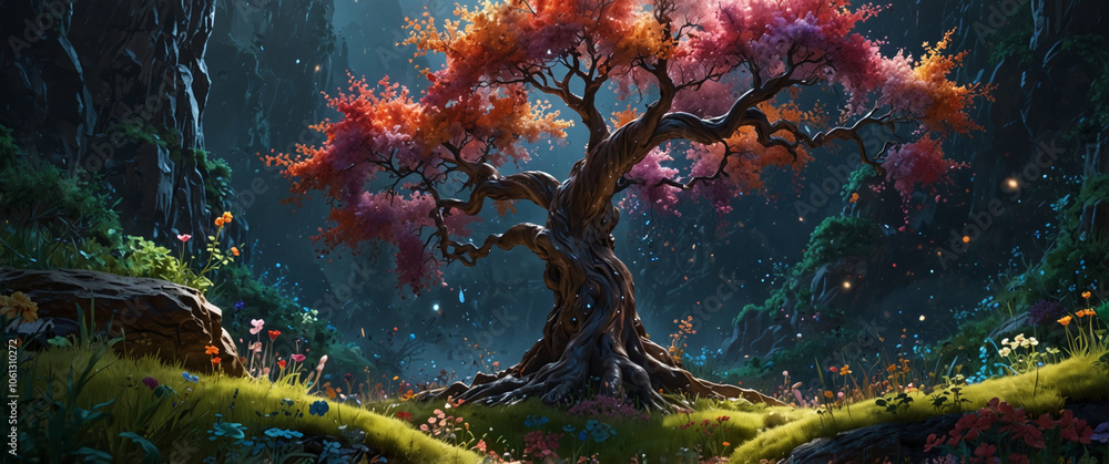 At the center of this abstract landscape, Big and mysterious tree. At the center of this abstract landscape, Big and mysterious tree.