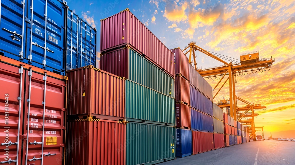 Fototapeta premium Vibrant Sunset Over Stacked Shipping Containers