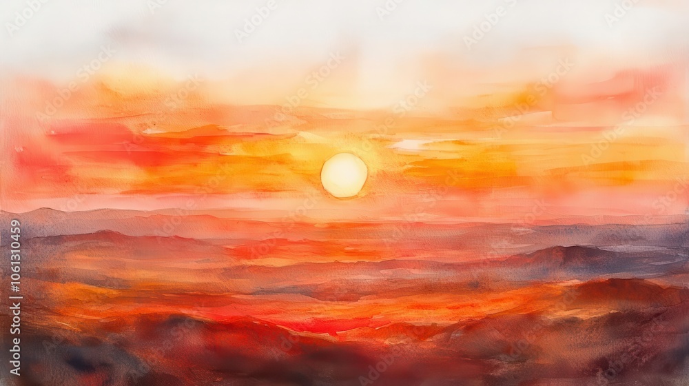 A vibrant watercolor landscape depicting a sunset over rolling hills, featuring shades of orange, red, and yellow blending beautifully in the sky. A vibrant watercolor landscape depicting a sunset over rolling hills, featuring shades of orange, red, and yellow blending beautifully in the sky.