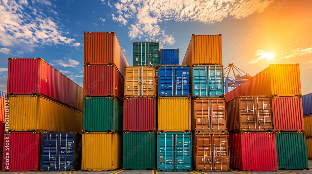 Fototapeta premium Colorful Shipping Containers at Sunset Over Port