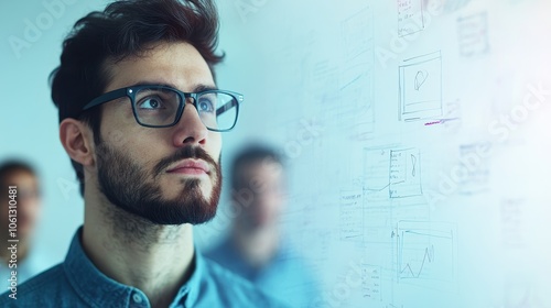 Thoughtful man with glasses contemplating ideas in a modern office environment, surrounded by subtle illustrations and sketches.