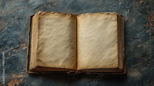 An old open book sitting on a table with a blue background