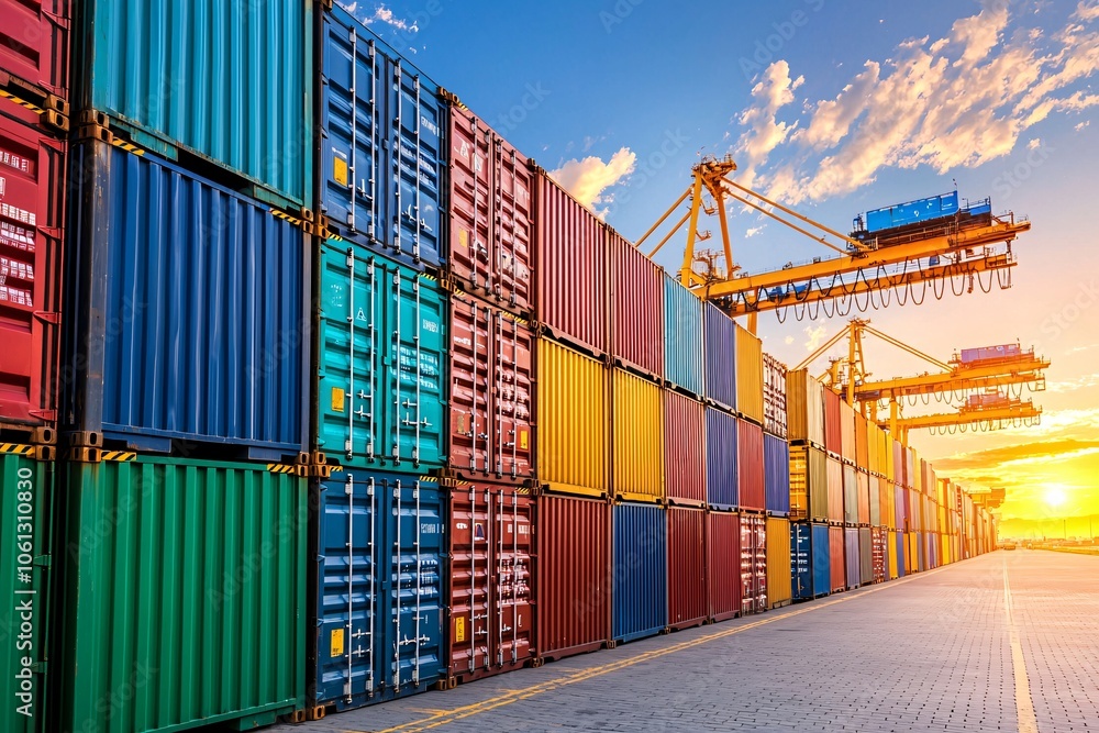 Fototapeta premium Colorful Shipping Containers at Sunset by Port Crane