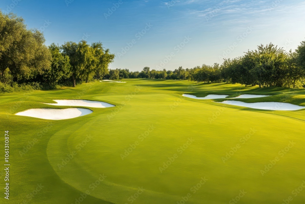 Naklejka premium A scenic golf course landscape featuring lush greens and sand traps under a clear blue sky.