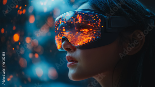 A woman wearing a pair of virtual reality goggles. The goggles are black and have a reflective surface. The woman is looking at something in the distance, and the image has a futuristic