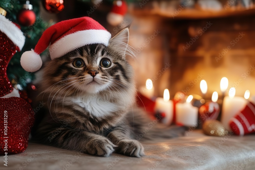 A festive kitten wearing a Santa hat sits near decorated Christmas stockings and candles, capturing a cozy holiday atmosphere. A festive kitten wearing a Santa hat sits near decorated Christmas stockings and candles, capturing a cozy holiday atmosphere.