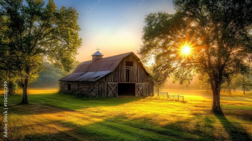A serene sunrise over a rustic barn surrounded by lush greenery. A serene sunrise over a rustic barn surrounded by lush greenery.