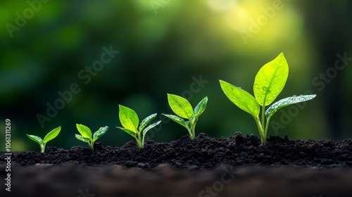 Closeup, vibrant green plant flourishing in rich soil a detailed look at healthy growth