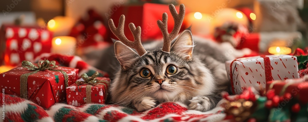 Naklejka premium A festive cat with antlers surrounded by colorful gifts, creating a cozy holiday atmosphere filled with warmth and cheer.