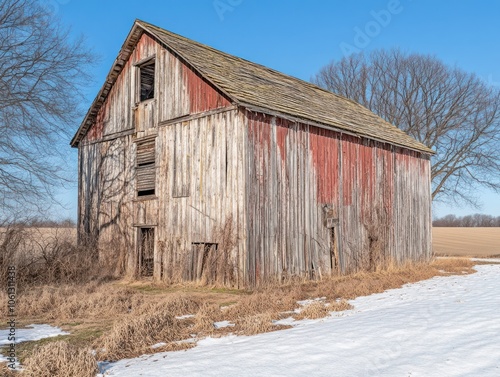 A rustic red barn stands in a snowy landscape under a clear blue sky.