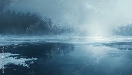 A Misty Winter Landscape with a Frozen Lake and Silhouetted Trees