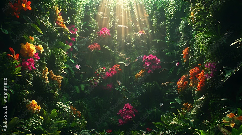 Dense, multi-layered indoor garden wall with rich greenery and colorful flowers, creating depth with varied plant layers, warm ambient light, realistic textures, HD quality. --ar 16:9