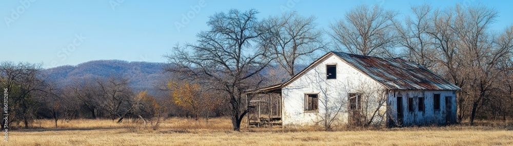 An old, weathered farmhouse stands alone in a tranquil rural landscape. An old, weathered farmhouse stands alone in a tranquil rural landscape.
