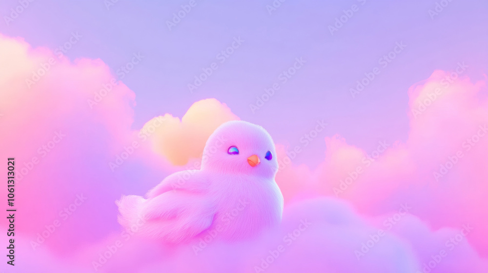 3D cute chick bird fluffy pink rainbow clouds shape sunset colorful dreamy sky cloudscape adorable pet animal fashion healing wallpaper background with copy space 3D cute chick bird fluffy pink rainbow clouds shape sunset colorful dreamy sky cloudscape adorable pet animal fashion healing wallpaper background with copy space
