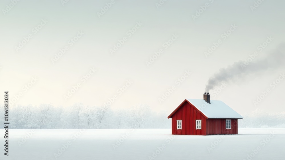 A winter cabin with smoke rising from the chimney, symbolizing warmth in a snowy landscape, isolated on a clean white background. A winter cabin with smoke rising from the chimney, symbolizing warmth in a snowy landscape, isolated on a clean white background.