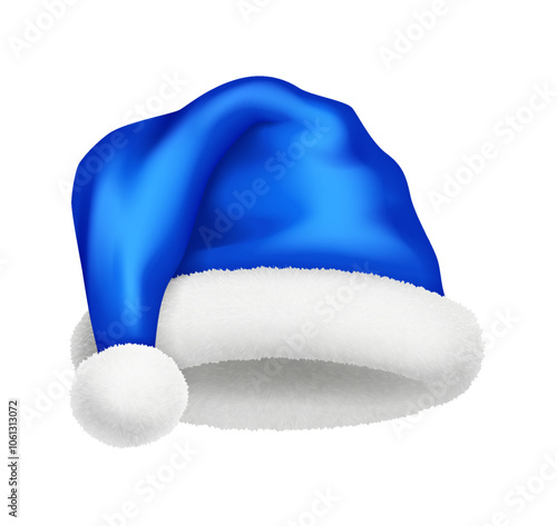 Blue Santa hat decorated with hanging pompom realistic vector illustration. New year party headgear view 3d model on white background