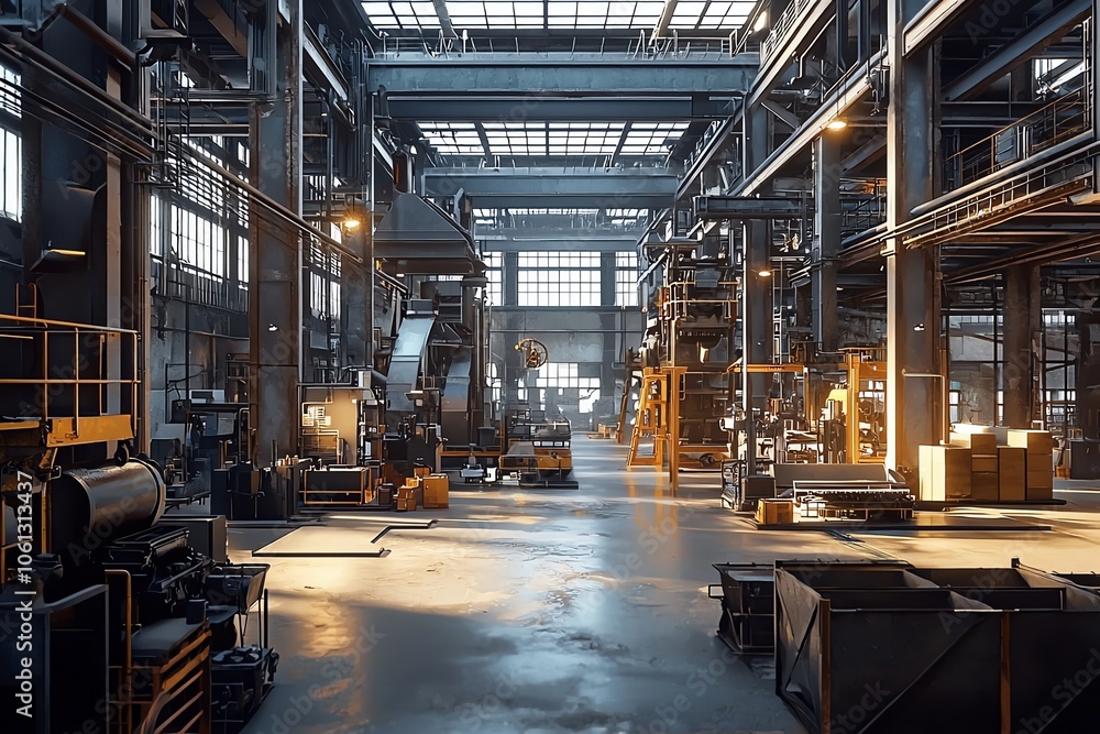 Spacious industrial warehouse with machinery and natural light. Spacious industrial warehouse with machinery and natural light.