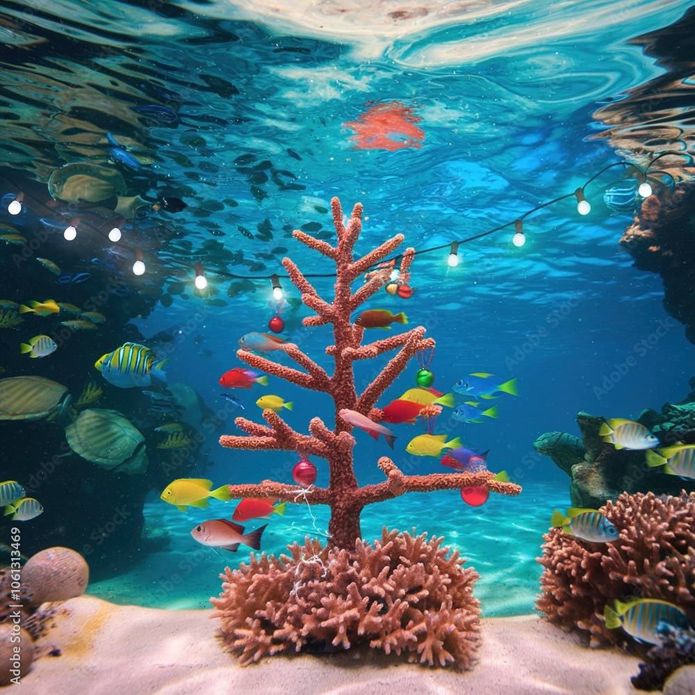 Fototapeta premium Unique underwater Christmas tree crafted from coral and decorated with festive string lights, surrounded by colorful tropical fish on a sunny reef.