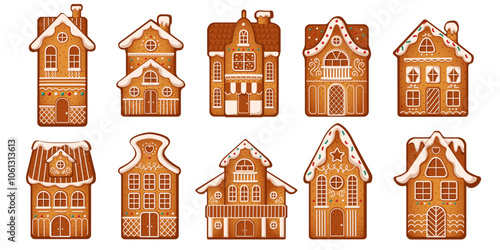 Handmade gingerbread houses with icing flat color vector objects set. Traditional Christmas holiday dessert illustrations on white background