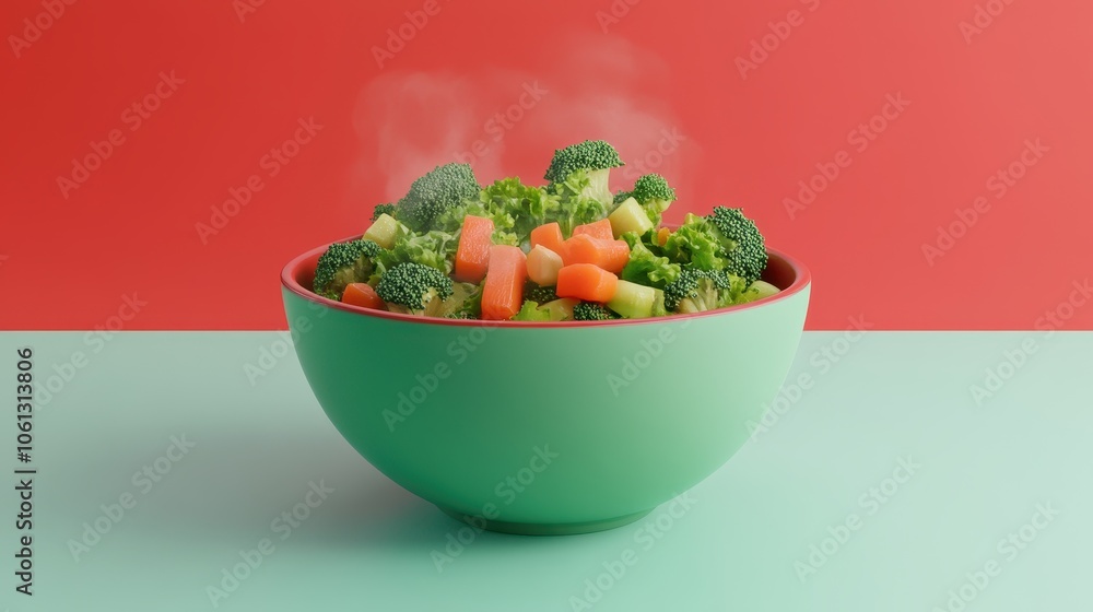 Freshly steamed vegetables steaming in a vibrant bowl, showcasing colorful broccoli and carrots on a modern background. Freshly steamed vegetables steaming in a vibrant bowl, showcasing colorful broccoli and carrots on a modern background.