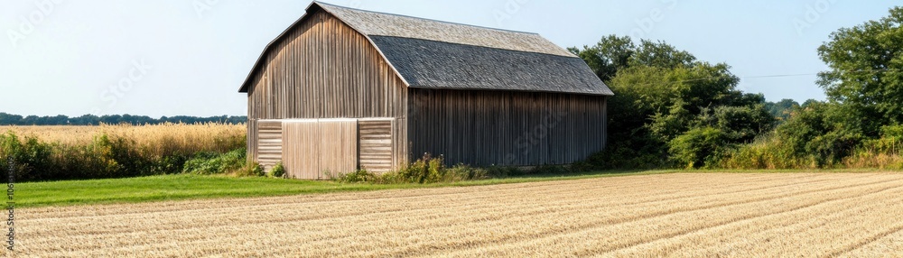 A rustic barn beside a golden field under a clear sky, showcasing rural tranquility. A rustic barn beside a golden field under a clear sky, showcasing rural tranquility.