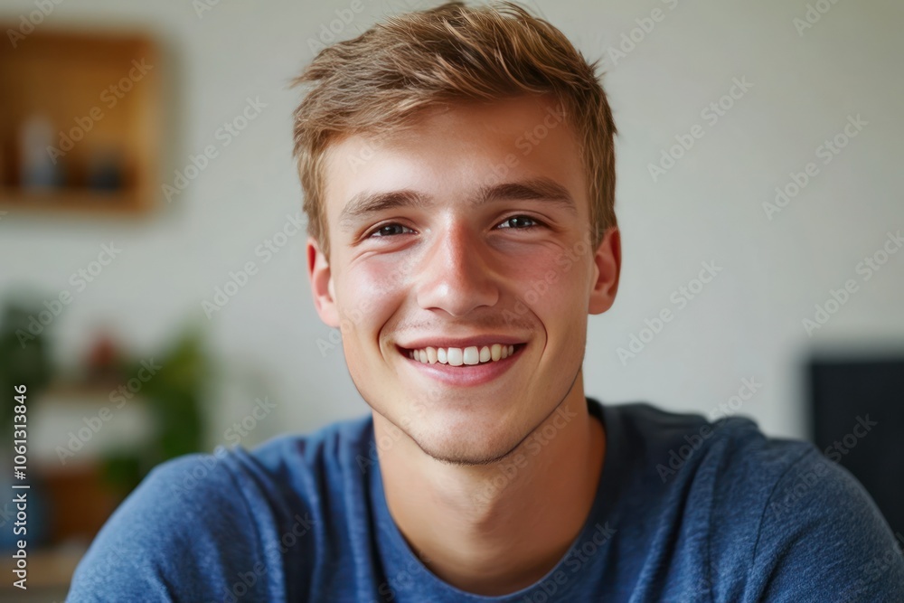 Smiling Young Man with Short Hair at Home Smiling Young Man with Short Hair at Home