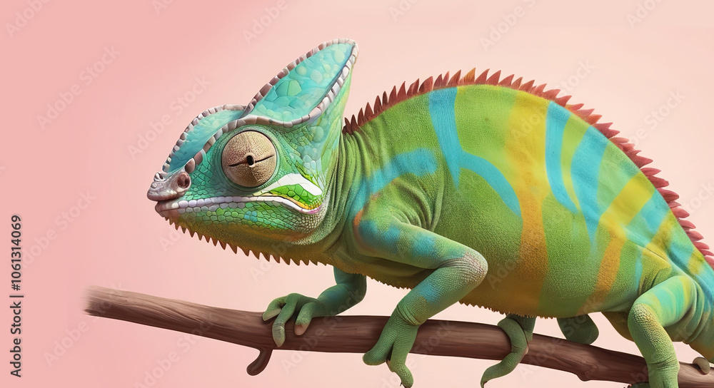 Fototapeta premium Playful chameleon cartoon with funny gestures, vibrant on a soft color background.