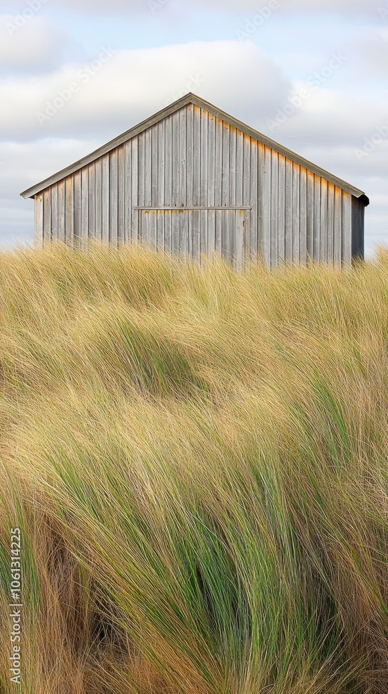 Obraz premium A weathered wooden shed surrounded by tall grass under a cloudy sky.