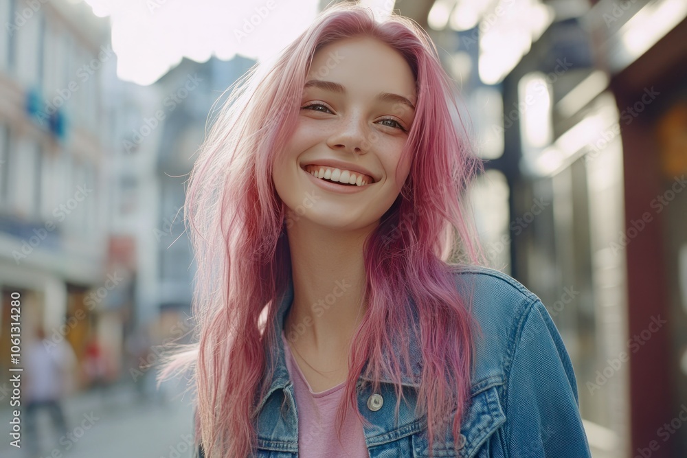 Cheerful Girl with Pink Hair in Urban Setting
