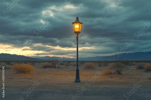 Desert Landscape with Vintage Street Lamp at Sunset