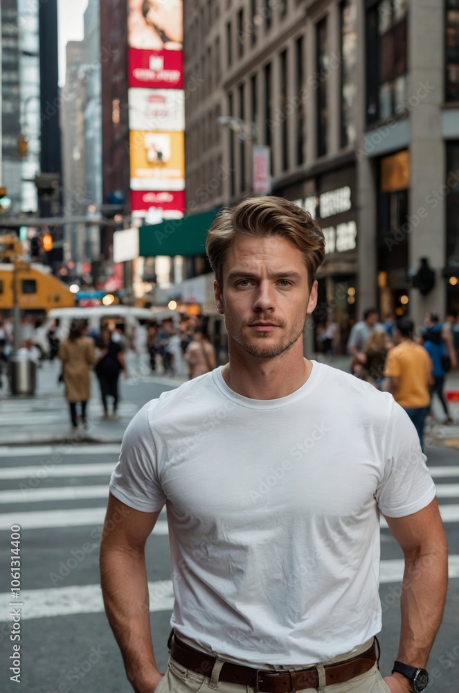 European Englishman athletic sport body shape in white t-shirt with metropolitan urban city background. European Englishman athletic sport body shape in white t-shirt with metropolitan urban city background.