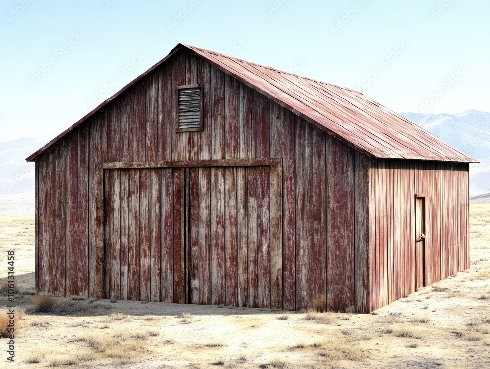 A rustic red barn stands alone in a barren landscape under a clear sky. A rustic red barn stands alone in a barren landscape under a clear sky.