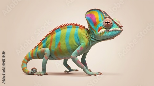 Colorful cartoon chameleon making funny gestures, on a soft background.